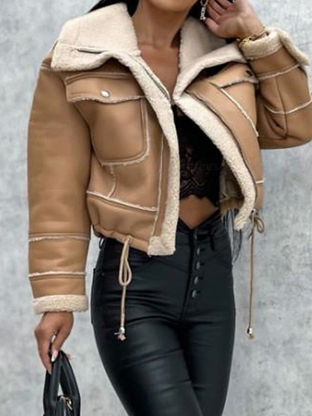 Buttons Faux Leather Women's Comfortable Pocket Warm Jacket