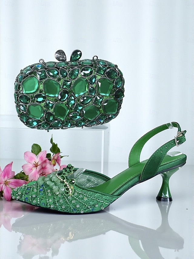 - Green Bag Heel Women's Set Clutch Shoes and Rhinestone