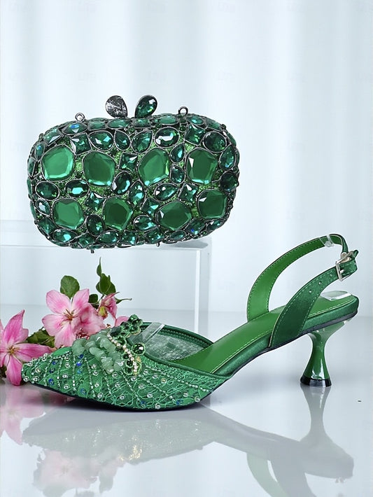 - Green Bag Heel Women's Set Clutch Shoes and Rhinestone