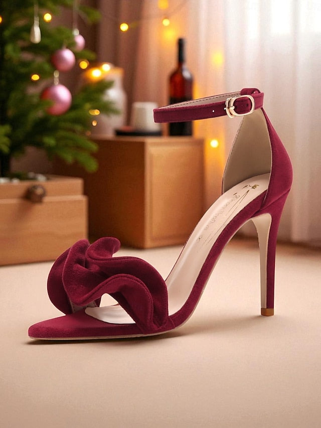 - Red High Women's Elegant Ankle Velvet Sandals Heel Strap