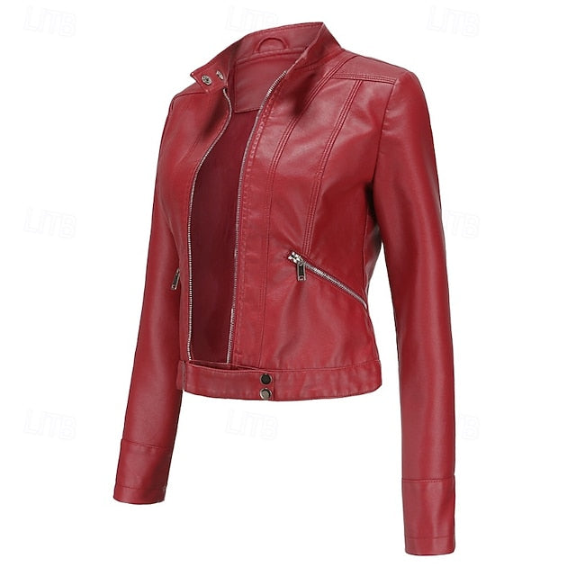Jacket Zipper Pocket Leather Comfortable Faux Women's