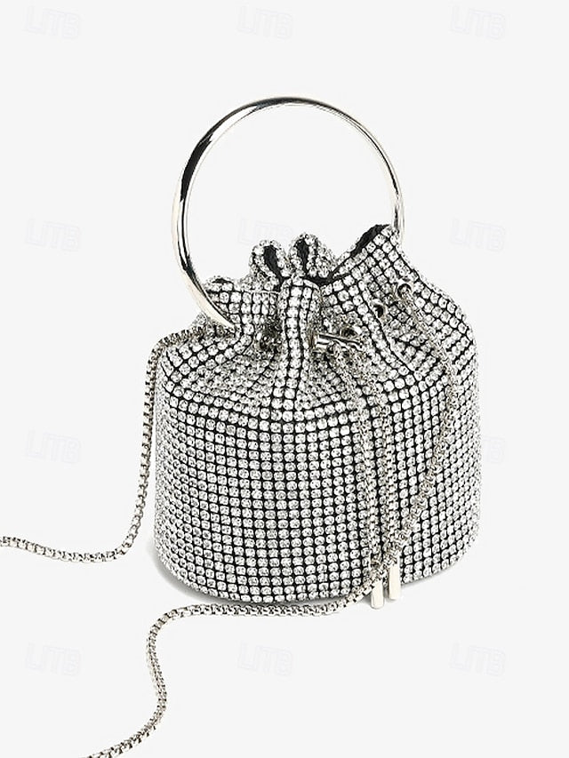 Silver with Rhinestone Women's Bucket Bag Sparkling Metal