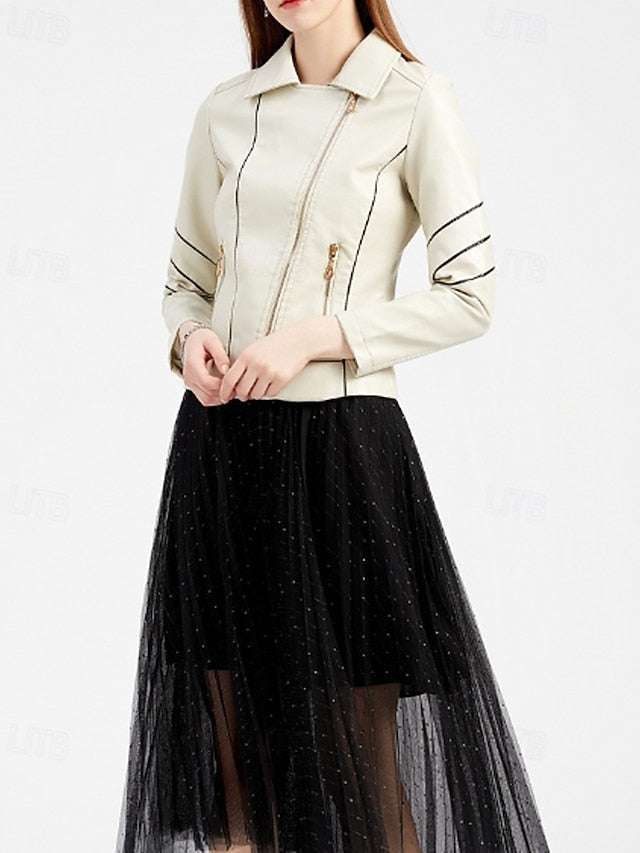 Comfortable Pocket Leather Zipper Women's Jacket Faux