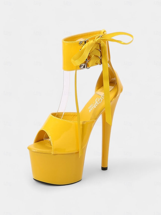 Lace-Up Ankle Black Sandals Patent with Platform Straps Leather