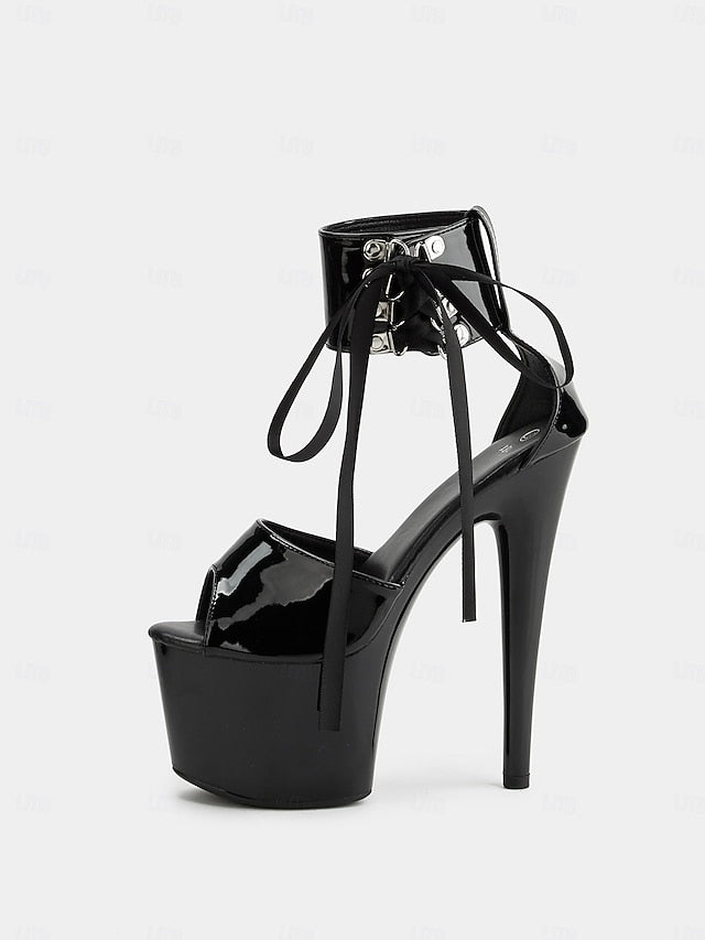 Lace-Up Ankle Black Sandals Patent with Platform Straps Leather