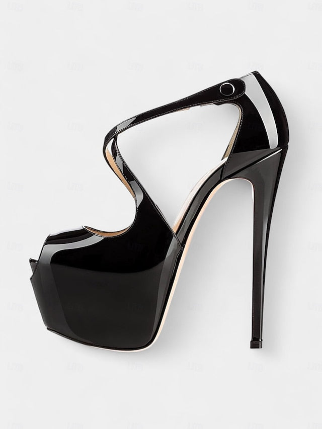 Stiletto Platform Cross with Patent Leather Black Red and Heels